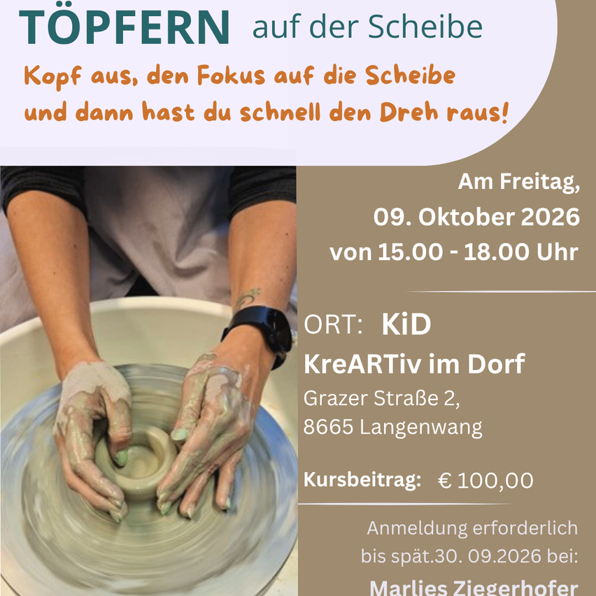 A person is making pottery on a wheel, wearing gloves and a watch. The image includes a date and location for a pottery workshop.