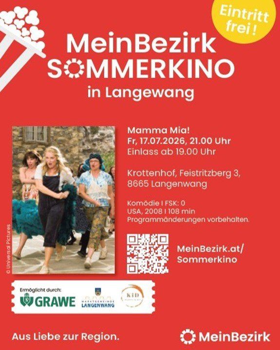 Poster for a film screening event. 'MeinBezirk Sommerkino in Langwang', a comedy film, will be shown on July 17, 2026, at 21:00. Doors open at 19:00. Location: Krottenhof, Feistritzberg 3, 8665 Langwang.
