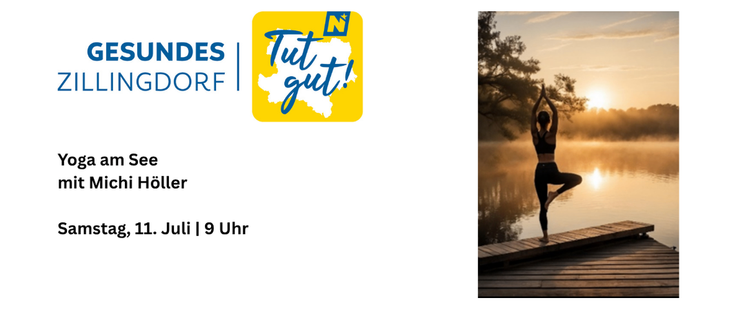 Eine Frau praktiziert Yoga auf einem Holzsteg mit einem friedlichen Sonnenuntergang im Hintergrund. Sie trägt Schwarz und ist in einer Seitenansichtspose.