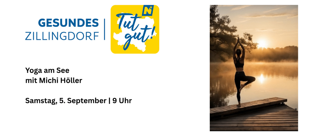Frau praktiziert Yoga am See mit Sonnenuntergang im Hintergrund. Ein Event, das für den 5. September um 9 Uhr geplant ist.
