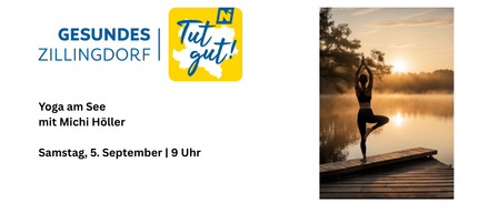 Frau praktiziert Yoga am See mit Sonnenuntergang im Hintergrund. Ein Event, das für den 5. September um 9 Uhr geplant ist.