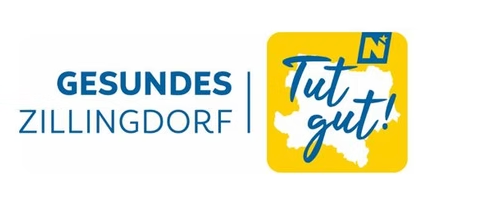 Das Logo für Gesuendes Zillingdorf und Tut gut! zeigt eine Kartenskizze in Gelb und blauem Text.