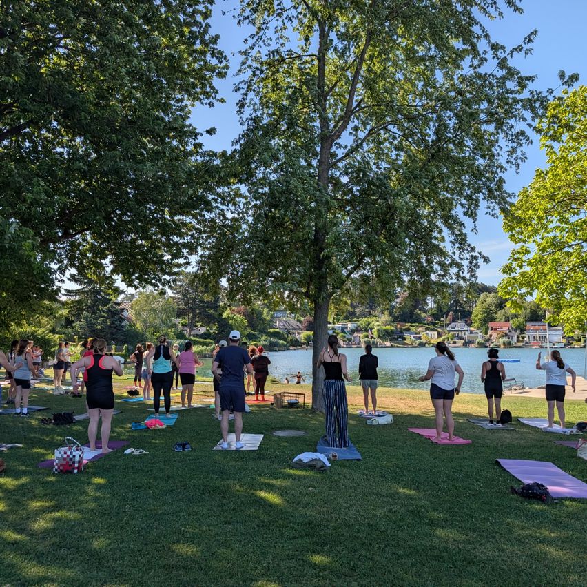 Eine Gruppe von Menschen praktiziert Yoga auf einer Rasenfläche in der Nähe eines Sees. Einige stehen, andere sitzen auf ihren Yogamatten. Bäume und Gebäude sind im Hintergrund zu sehen.