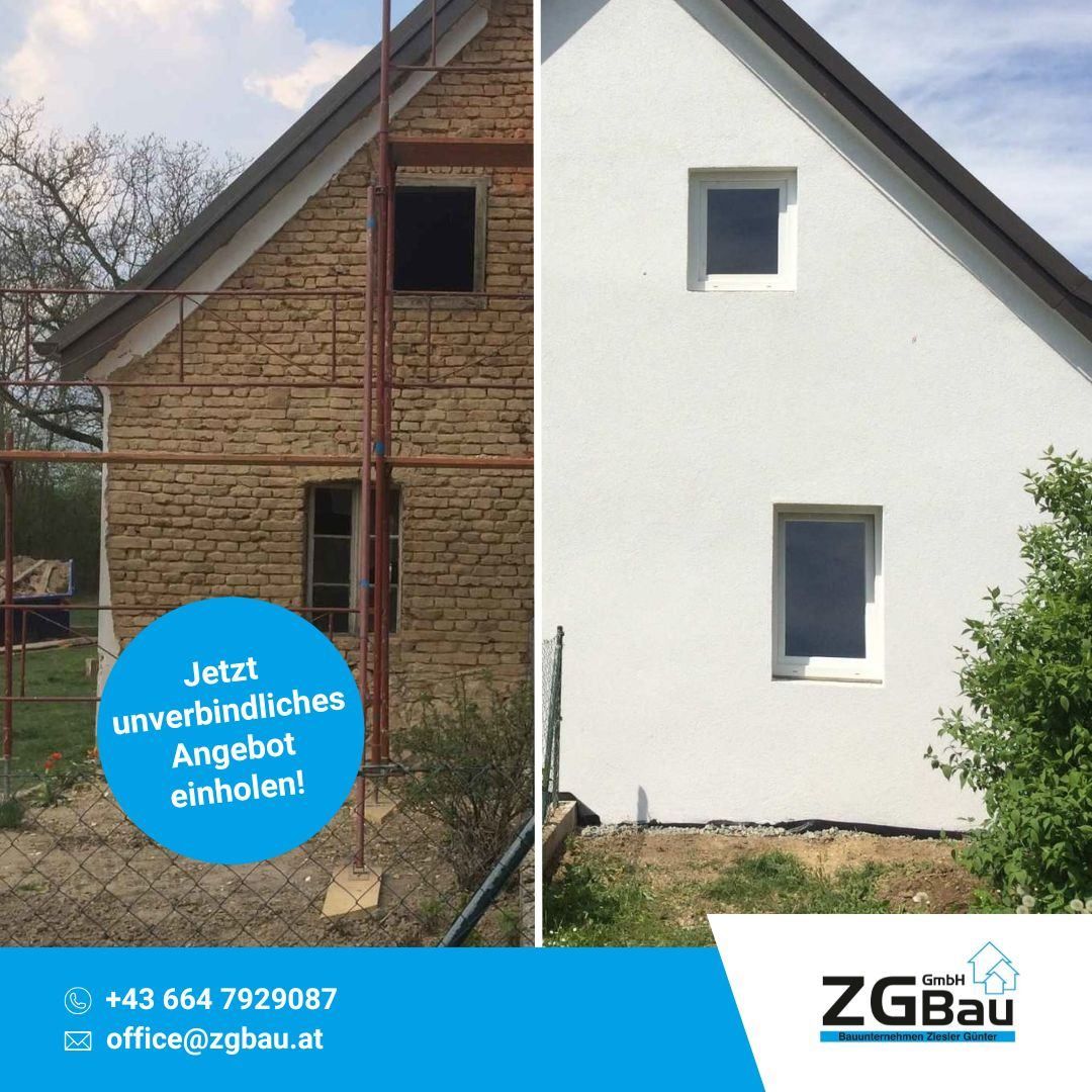 Zwei Bilder zeigen ein Haus vor und nach einer Renovierung. Das linke Bild zeigt ein Backsteinhaus mit Gerüst. Das rechte Bild zeigt dasselbe Haus mit weißer Außenfassade.