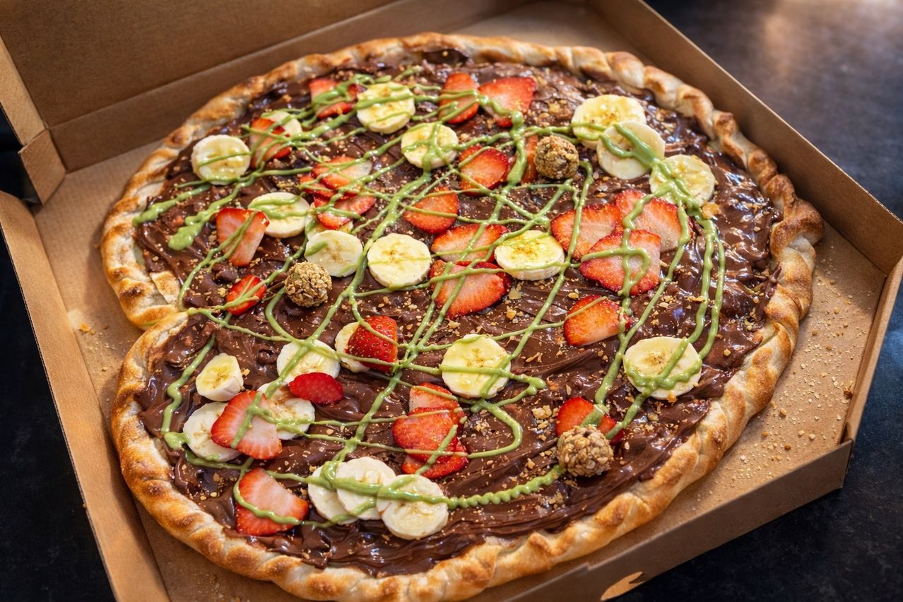 Eine große Pizza mit Schokolade, geschnittenen Erdbeeren, Bananen und grüner Glasur in einer Box.