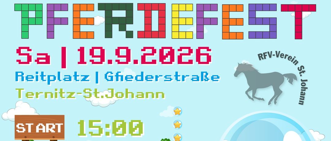 Ein Plakat für die Veranstaltung 'FERIEFEST' am 19. September 2026 mit Pixel-Art-Elementen, einem Pferd und einer Plattform mit Leiter und Baum. Die Veranstaltung beginnt um 15 Uhr.