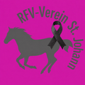 Ein rosa Hintergrund mit einer Silhouette eines Pferdes und einem schwarzen Band mit dem Text 'RFV-Verein St. Johann'.