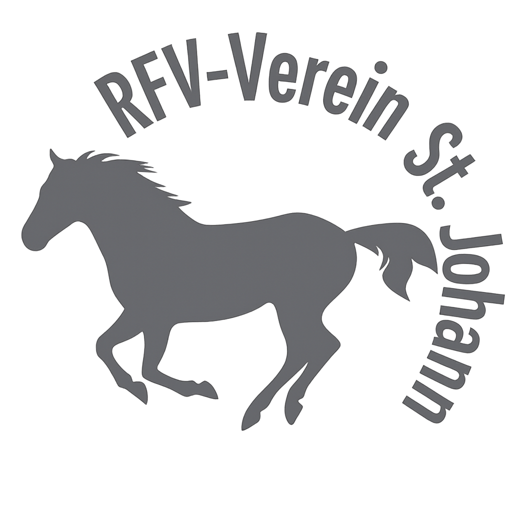 Ein Logo mit einem galoppierenden Pferd und dem Text RFV-Verein St. Wendelorf in weisser Schrift auf schwarzem Hintergrund.