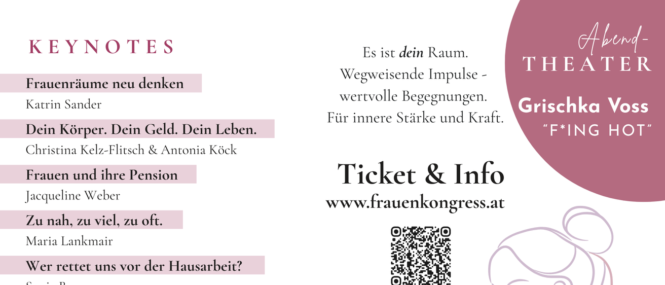 Plakat für Frauenkongress mit Rednern, die über finanzielle Themen sprechen. QR-Code für Ticket-Info. Logos von Sponsoren und Partnern.