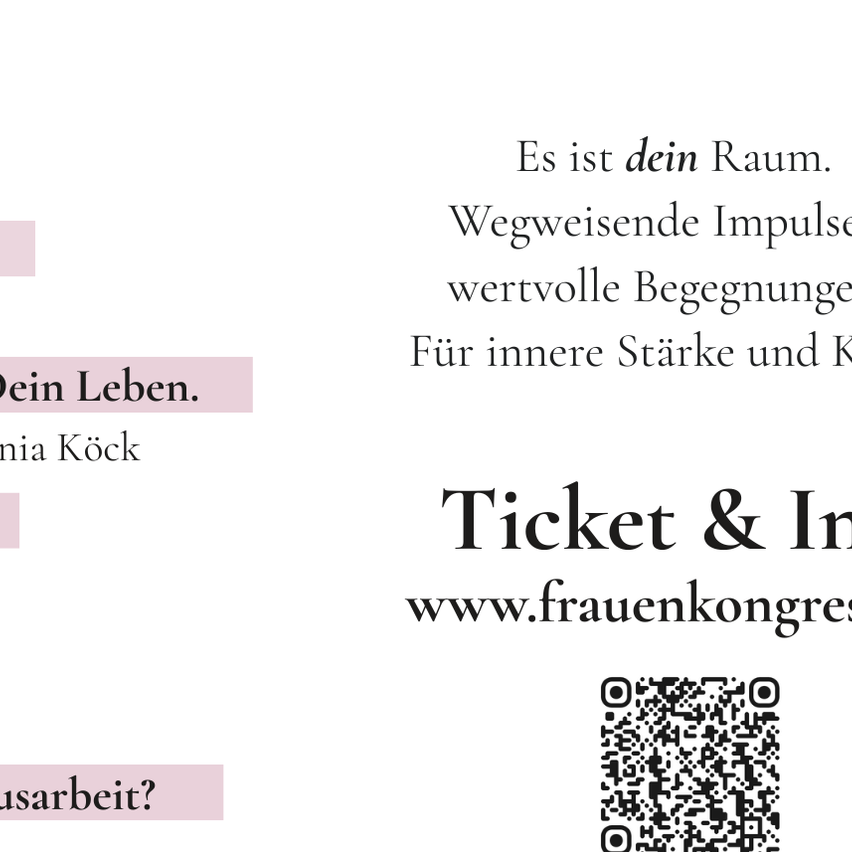 Plakat für Frauenkongress mit Rednern, die über finanzielle Themen sprechen. QR-Code für Ticket-Info. Logos von Sponsoren und Partnern.