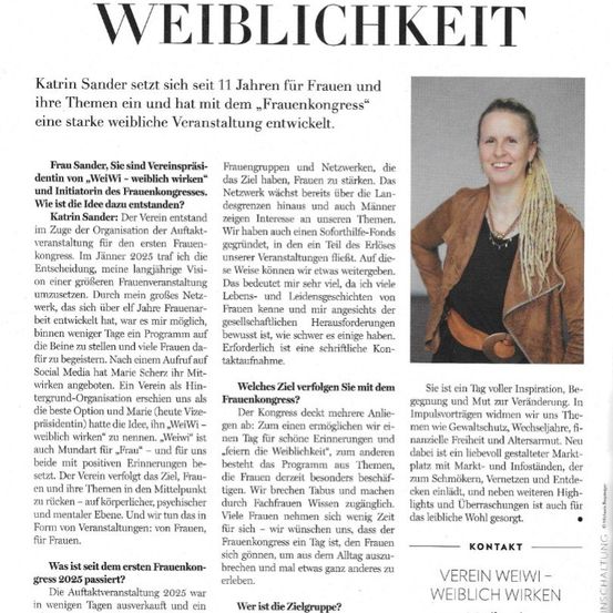 Katrin Sander setzt sich seit 11 Jahren für Frauen und ihre Themen ein und hat mit dem Frauenkongress eine starke weibliche Veranstaltung entwickelt. Der Frauenkongress deckt mehrere Themen für Frauen ab, mit einem Softlife-Fonds zur Unterstützung von Veranstaltungen. Das Netzwerk zielt darauf ab, Frauen zu stärken, mit Geschichten und Lebensgeschichten von Frauen.