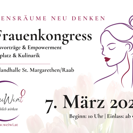 Plakat für die Frauenkongress-Veranstaltung am 7. März 2020. Es zeigt eine Frauensilhouette, Blumen und Text über neue Räume, Gedanken, Vorträge und Empowerment sowie Standortdetails.