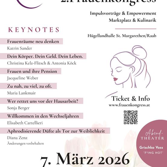 Plakat für den 2. Frauenkongress mit Rednern, Terminen und Veranstaltungsorten. Keynotes behandeln Themen zu Frauenräumen, Körper, Geld, Leben und Pension. Veranstaltung in der Huegellandhalle in St. Margarethen/Raab am 7. März 2026.