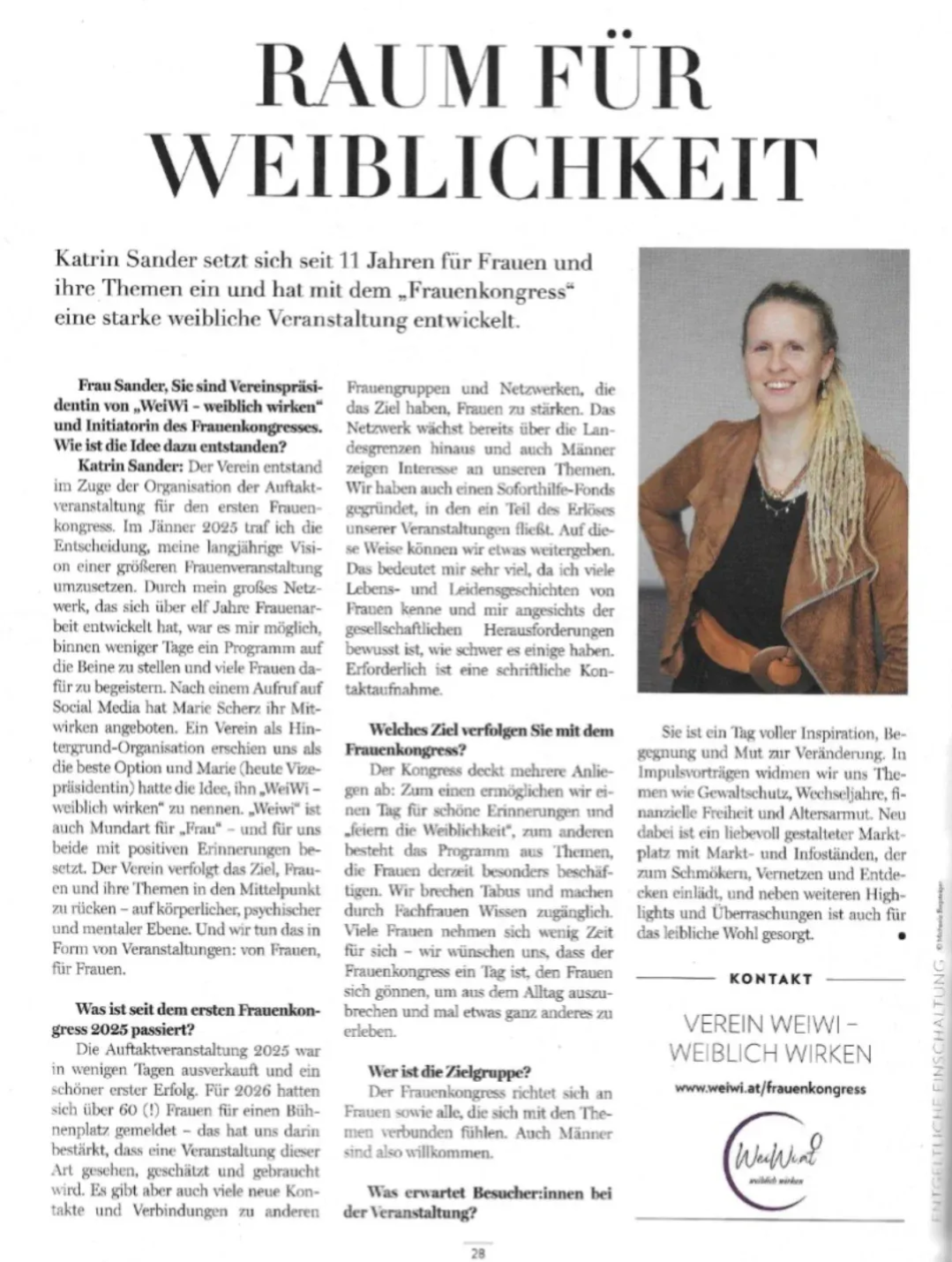 Das Bild zeigt einen deutschen Zeitschriftenartikel über Katrin Sander, die seit 11 Jahren für Frauenthemen arbeitet. Sie hat den Frauenkongress als starke weibliche Veranstaltung entwickelt. Der Artikel beschreibt die Ziele des Kongresses, Frauen zu stärken und bietet Details zur bevorstehenden Ausgabe 2025. Es werden die Schwerpunkte des Kongresses auf Networking, Wissensaustausch und die Behandlung verschiedener Themen durch Workshops und Präsentationen hervorgehoben.