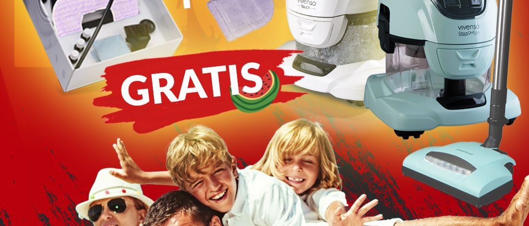 Eine Werbung für ein heißes Sommerangebot mit einer Familie mit zwei Kindern, einem Staubsauger und einem Mikrofasertuch. Der Text lautet 'HOT SUMMER DEAL' und 'GRATIS'.