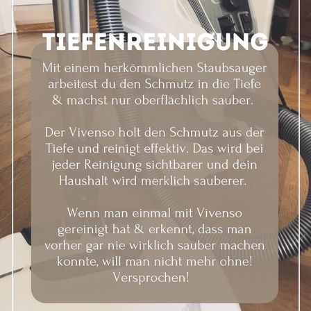 Das Bild zeigt einen Staubsauger mit einer Beschriftung, die besagt, dass herkömmliche Staubsauger nur oberflächlich reinigen, während ein Vivenso-Staubsauger tief reinigt und den Haushalt spürbar sauberer macht.