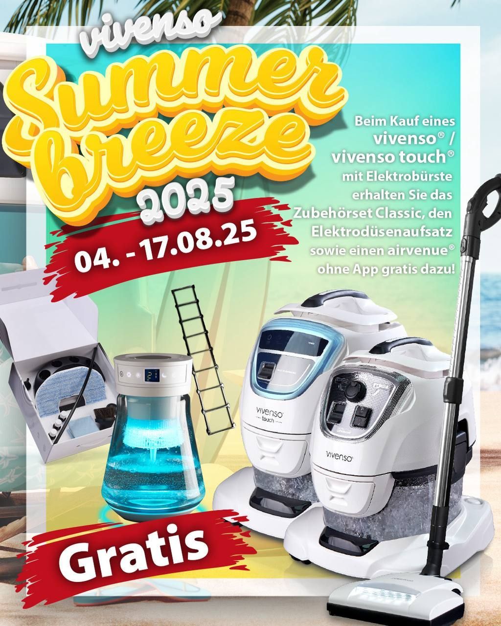 Sommerbrise 2025. Vom 04.17.08.25 kaufen Sie einen vivenso und erhalten das Classic-Set, den Elektrofilter und einen airvenue ohne App.