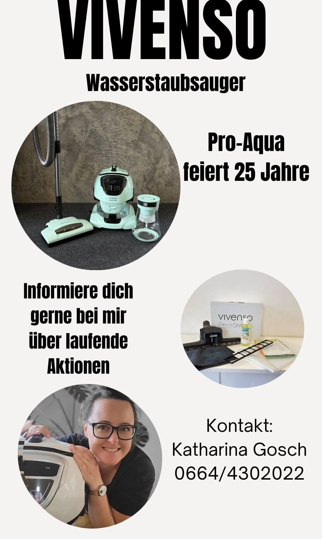 Eine Werbung für Pro-Aqua, die 25 Jahre feiert, mit einem Staubsauger, einer Glaskanne und einem Mann mit einer Kontaktnachricht.