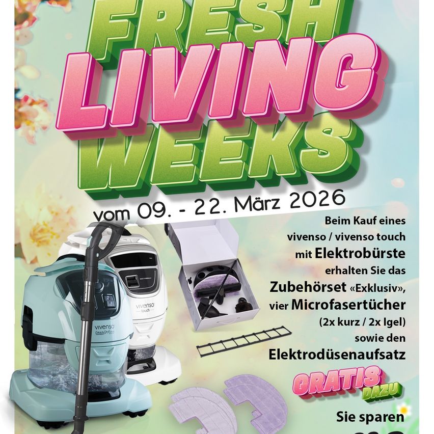 Advertisement for Fresh Living Weeks from March 9th to 22nd, 2026. Purchase of a viveso or viveso touch vacuum with an electric brush. Receive an accessory set, four microfiber brushes, and an electric dust bag. Free accessories also included. Save.