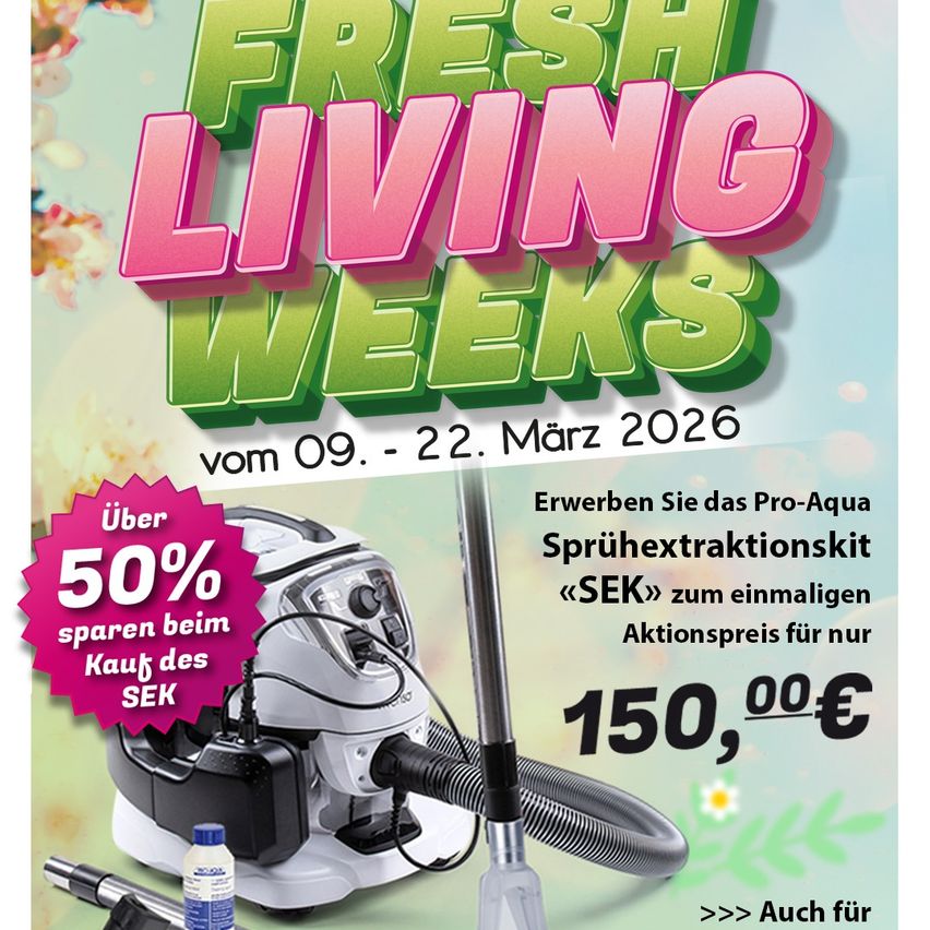 Poster advertising Fresh Living Weeks from March 9th to 22nd, 2026. An image of a vacuum cleaner and accessories is shown with a price of 150,00€. Special offer includes 50% savings on the SEK purchase.