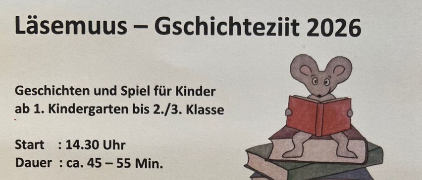 Schedule of story and game events for children from 1st Kindergarten to 2nd/3rd grade. Starts at 2:30 PM, lasting about 45-55 minutes. Free admission, but requires registration by the evening before. Registration via the homepage or by phone. July events not scheduled.