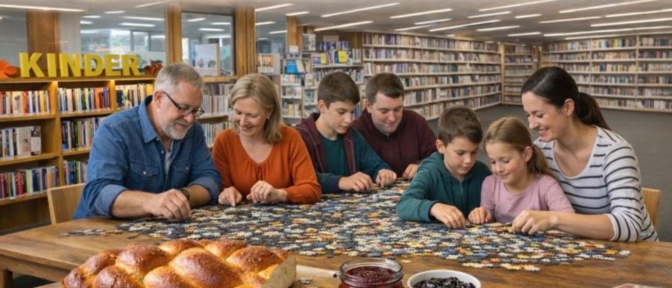Eine Familie arbeitet in einer Bibliothek an einem Puzzle. Hinter ihnen befinden sich Regale voller Bücher. Auf dem Tisch liegen Brot und Marmelade. Der Text darüber lautet BiblioWeekend - Puzzeln in der Bibliothek Balgach mit Zopf-Zmorga.