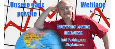 A poster shows a man holding a globe, accompanied by the text 'Satirical reading with music'. The event is scheduled for June 12 at 7:30 PM at Bibliothek Balgach. Registration is requested by June 10.