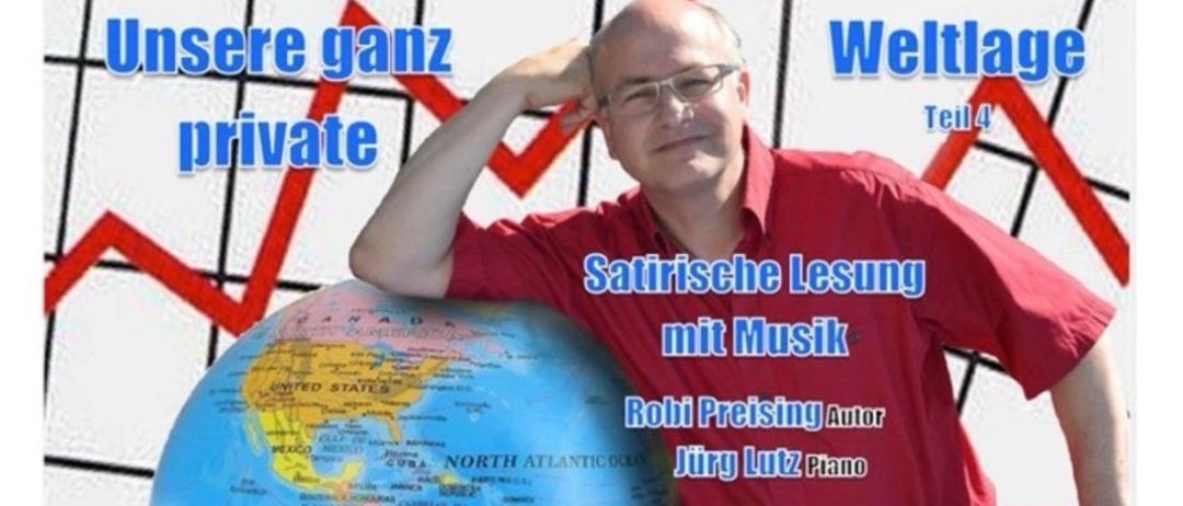 Ein Poster zeigt einen Mann mit einem Globus, begleitet von der Aufschrift 'Satirisches Lesen mit Musik'. Die Veranstaltung findet am 12. Juni um 19.30 Uhr in der Bibliothek Balgach statt. Eine Anmeldung ist bis zum 10. Juni erforderlich.