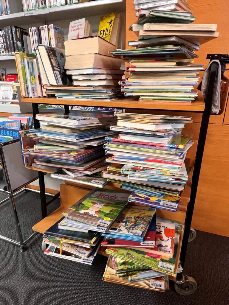 Ein Bibliotheksregal gefüllt mit einer Vielzahl von Büchern, darunter Kinderbücher, Romane und Zeitschriften, in mehreren Schichten gestapelt, wobei einige Bücher in Plastikhüllen sind.