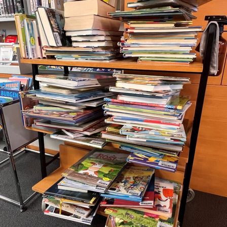 Ein Bibliotheksregal gefüllt mit einer Vielzahl von Büchern, darunter Kinderbücher, Romane und Zeitschriften, in mehreren Schichten gestapelt, wobei einige Bücher in Plastikhüllen sind.