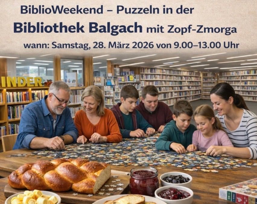 A family works on a puzzle at a library table, with books and bread nearby. The event is a BiblioWeekend in Balgach.