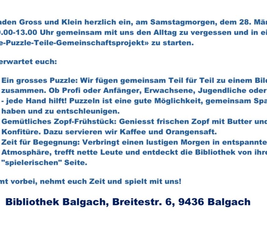 Join us for a puzzle-building community project on Saturday morning, 13:00. Meet at the library for a fun gathering with puzzles, coffee, and orange juice. Connect with others and discover the library's welcoming atmosphere.