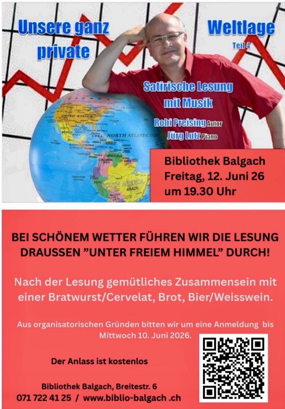 A poster announces a satirical reading with music by Robi Preisig and Juri Lutz. It is set for June 12 at 7:30 PM at the Balgach Library. The reading will be outdoors if the weather is nice.