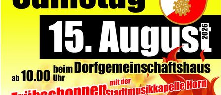 Plakat für die Sommerfest-Veranstaltung am Samstag, 15. August 2026, mit Feuergrafik, Logo und Details zur Zeit und zum Ort der Veranstaltung.