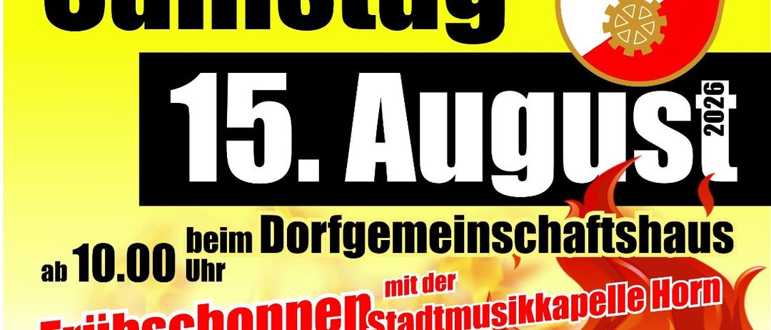 Plakat für die Sommerfest-Veranstaltung am Samstag, 15. August 2026, mit Feuergrafik, Logo und Details zur Zeit und zum Ort der Veranstaltung.