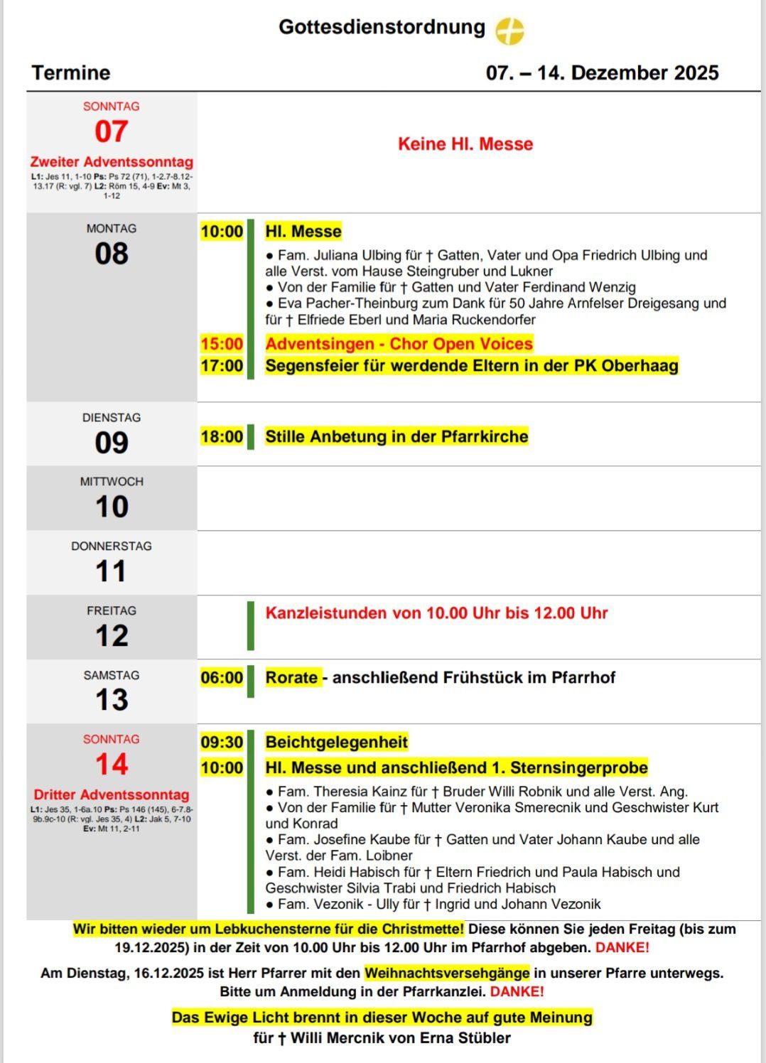 Das Bild zeigt einen Zeitplan für den zweiten und dritten Adventssonntag. Es enthält die Zeiten und Beschreibungen verschiedener Veranstaltungen wie Messen, Segnungen und Gesang. Die Daten sind auf Deutsch aufgeführt, und die Veranstaltungen beinhalten Familiennamen.
