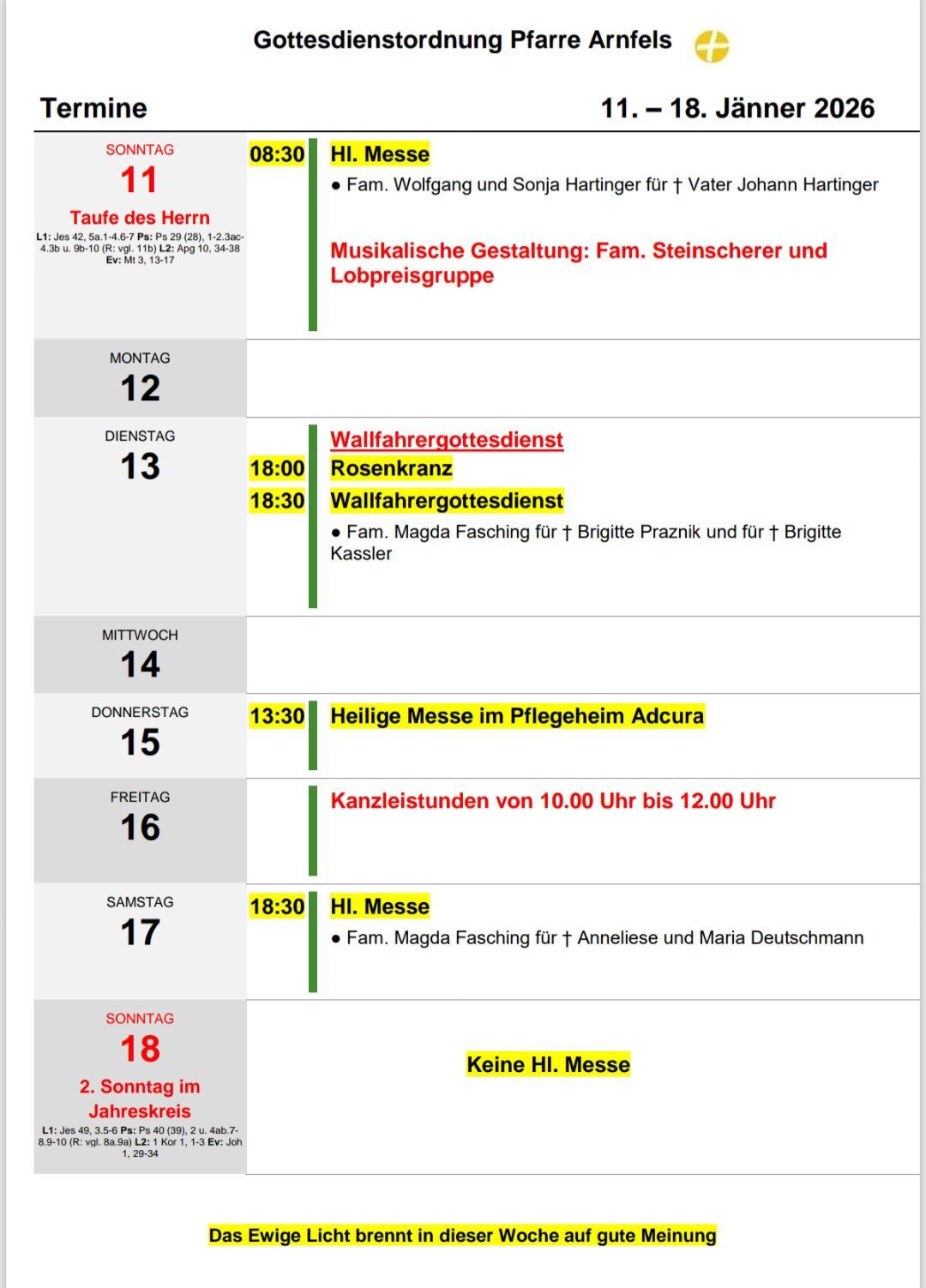 A weekly church schedule is displayed with various masses and events listed from Monday to Sunday. Monday 12 features Taufe des Herrn, followed by a Wallfahrter Gottesdienst on Tuesday 13. Wednesday 14 and Thursday 15 feature a Heilige Messe im Pflegeheim Adcura at 1:30 PM. Friday 16 has no events. Saturday 17 features a HI. Messe at 6:30 PM. Sunday 18 has no HI. Messe.