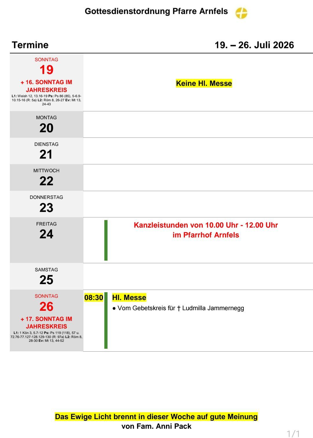 Ein Kalenderblatt zeigt Termine und Zeiten für Veranstaltungen, einschließlich eines Hinweises auf keine hohe Messe am Montag und eine besondere Messe am Sonntag.