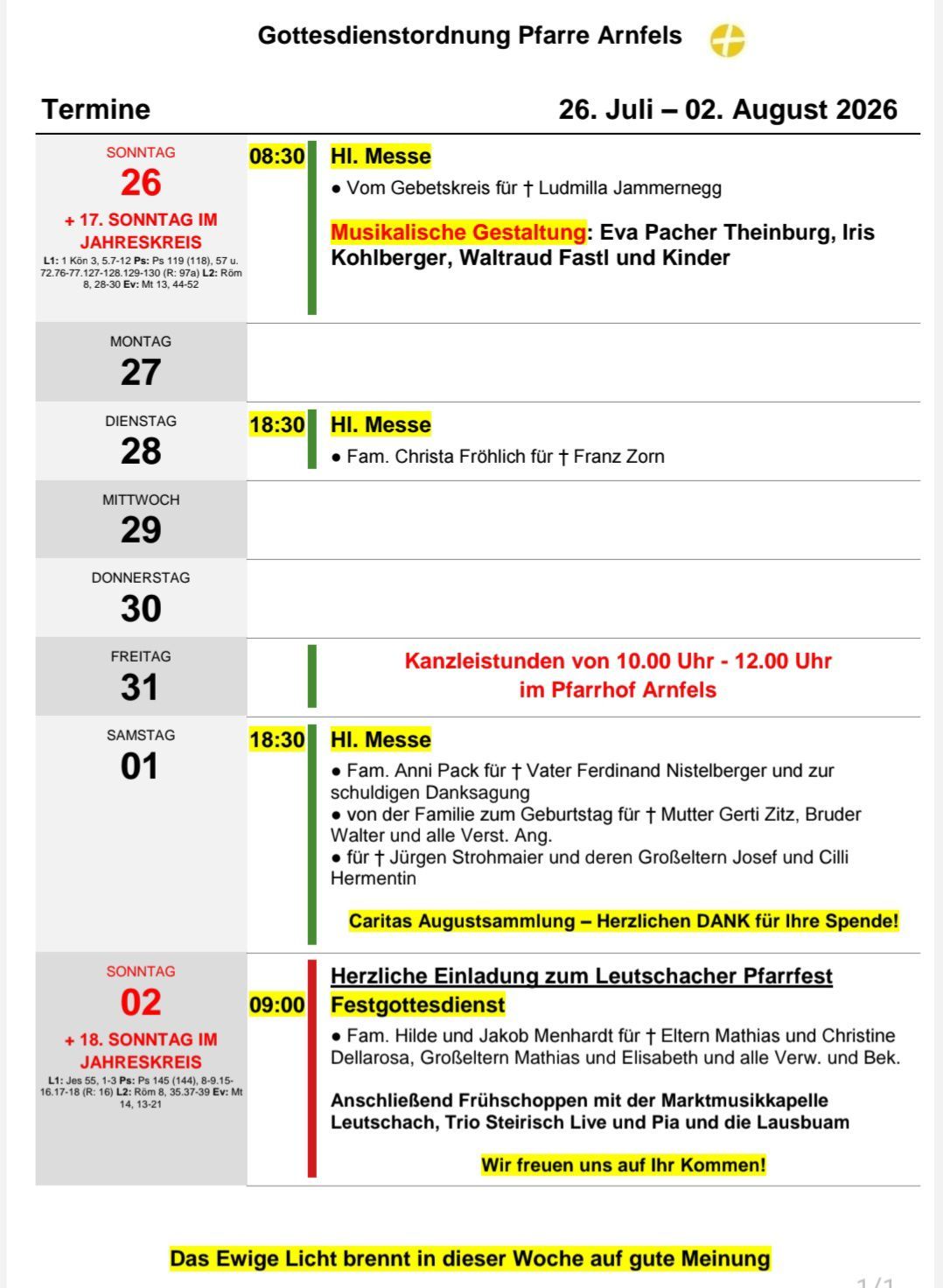 Ein wöchentlicher Zeitplan für Gottesdienste und Veranstaltungen in einer Kirche, einschließlich Daten, Zeiten und Beschreibungen jedes Ereignisses. Der Zeitplan ist auf Deutsch geschrieben.