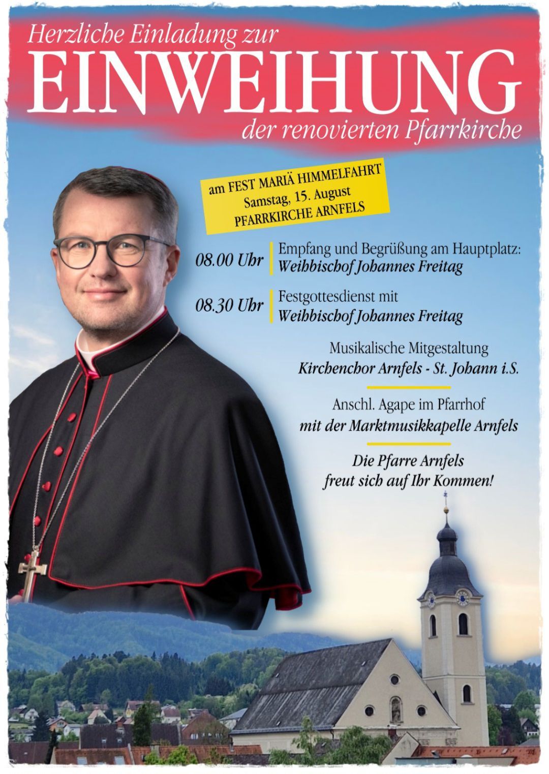 A poster for a religious event featuring a priest in clerical attire, with details about a church service and a musical performance. The poster includes a photo of the priest and a church tower in the background.