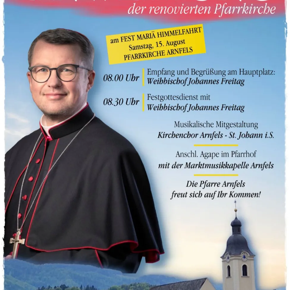 Ein Plakat für eine religiöse Veranstaltung mit einem Priester in geistlicher Kleidung, mit Details über einen Gottesdienst und eine musikalische Aufführung. Das Plakat zeigt ein Foto des Priesters und einen Kirchturm im Hintergrund.