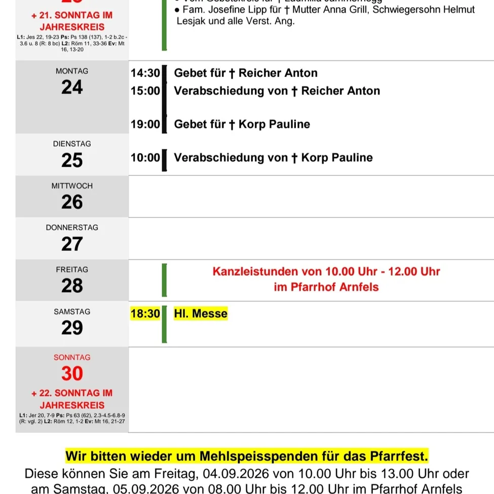 Ein wöchentlicher Zeitplan für Gottesdienste und Veranstaltungen, einschließlich Gebetszeiten, Messen und Familientreffen, mit angegebenen Daten und Zeiten.