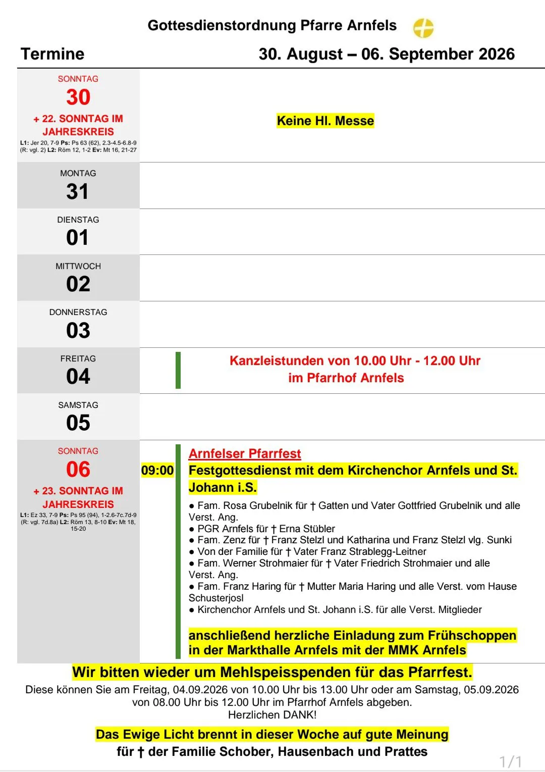 Wöchentlicher Zeitplan für Gottesdienste im Pfarrhof Arnfels, einschließlich eines besonderen Gottesdienstes am Sonntag mit dem Kirchenchor und St. Johann i.S.