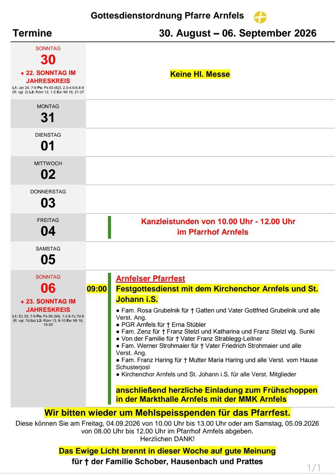 Wöchentlicher Zeitplan für Gottesdienste im Pfarrhof Arnfels, einschließlich eines besonderen Gottesdienstes am Sonntag mit dem Kirchenchor und St. Johann i.S.