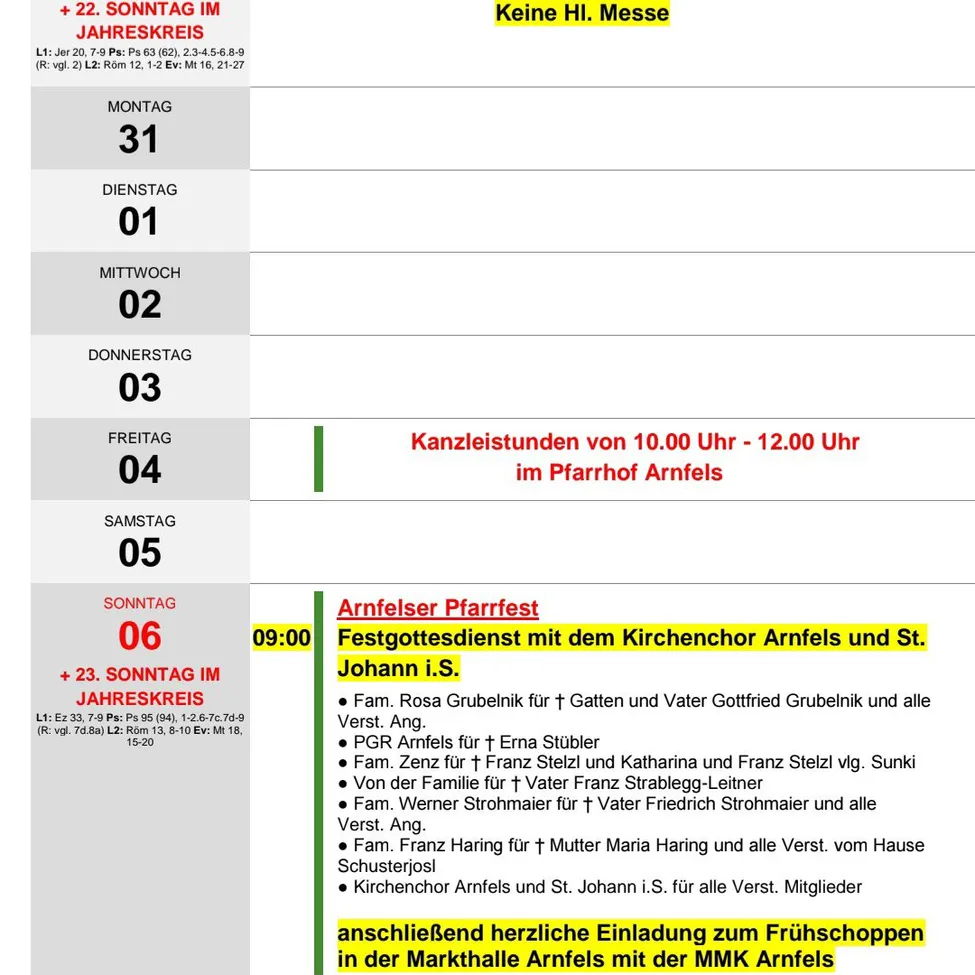 Wöchentlicher Zeitplan für Gottesdienste im Pfarrhof Arnfels, einschließlich eines besonderen Gottesdienstes am Sonntag mit dem Kirchenchor und St. Johann i.S.