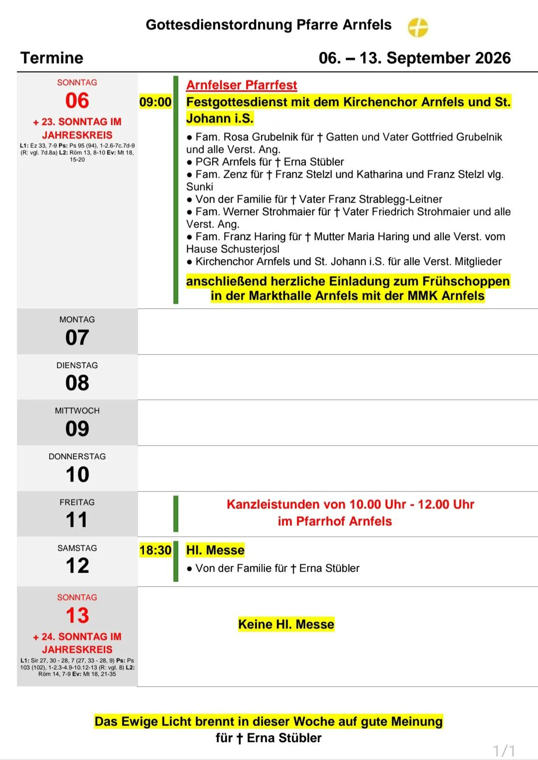 Ein Zeitplan mit Messen und Familiennamen für die Woche. Daten und Uhrzeiten sind aufgeführt, zusammen mit Familiennamen und ihren zugeordneten Messen.