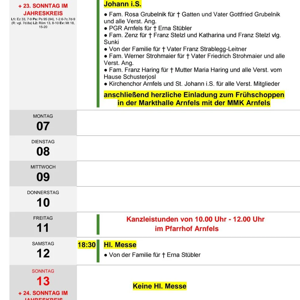 Ein Zeitplan mit Messen und Familiennamen für die Woche. Daten und Uhrzeiten sind aufgeführt, zusammen mit Familiennamen und ihren zugeordneten Messen.