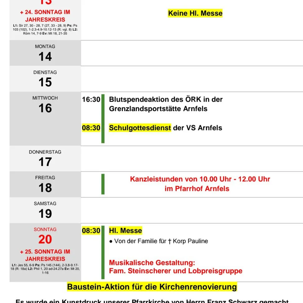 Wöchentlicher Zeitplan für eine Kirche mit verschiedenen Aktivitäten und Gottesdiensten. Datum und Uhrzeit für jedes Ereignis sind angegeben. Der Zeitplan umfasst eine Blutspendeaktion, einen Schulgottesdienst und einen Familiengottesdienst. Zusätzliche Informationen zur Kirchenrenovierung sind ebenfalls enthalten.