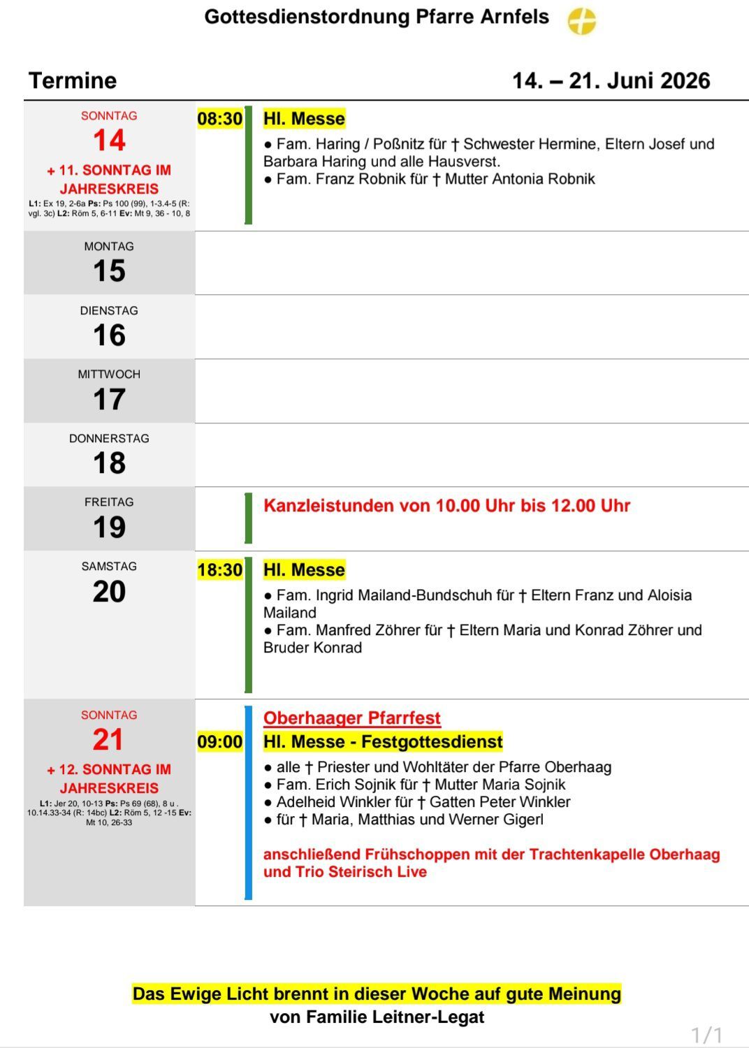 Ein wöchentlicher Zeitplan zeigt Montag bis Sonntag, wobei Montag bei 11, Dienstag bei 15, Mittwoch bei 16, Donnerstag bei 17, Freitag bei 18, Samstag bei 19 und Sonntag bei 20 ist. Ein Abschnitt für den 11. Sonntag im Jahreskreis ist links.