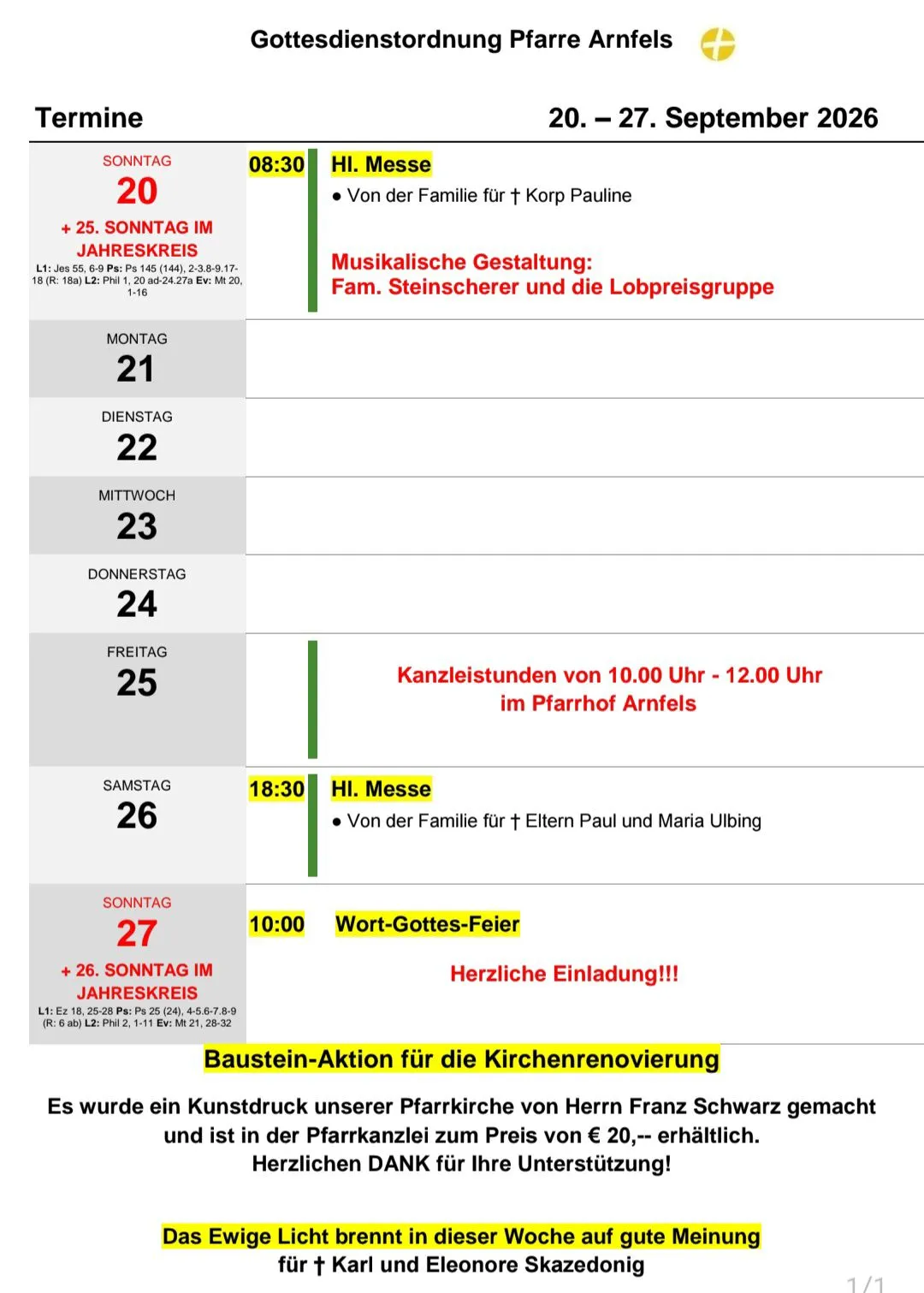 Ein wöchentlicher Zeitplan für Gottesdienste und Veranstaltungen, einschließlich Daten, Zeiten und Beschreibungen jedes Ereignisses. Der Zeitplan ist in Wochentage unterteilt, mit spezifischen Zeiten und Aktivitäten für jeden Tag aufgelistet.